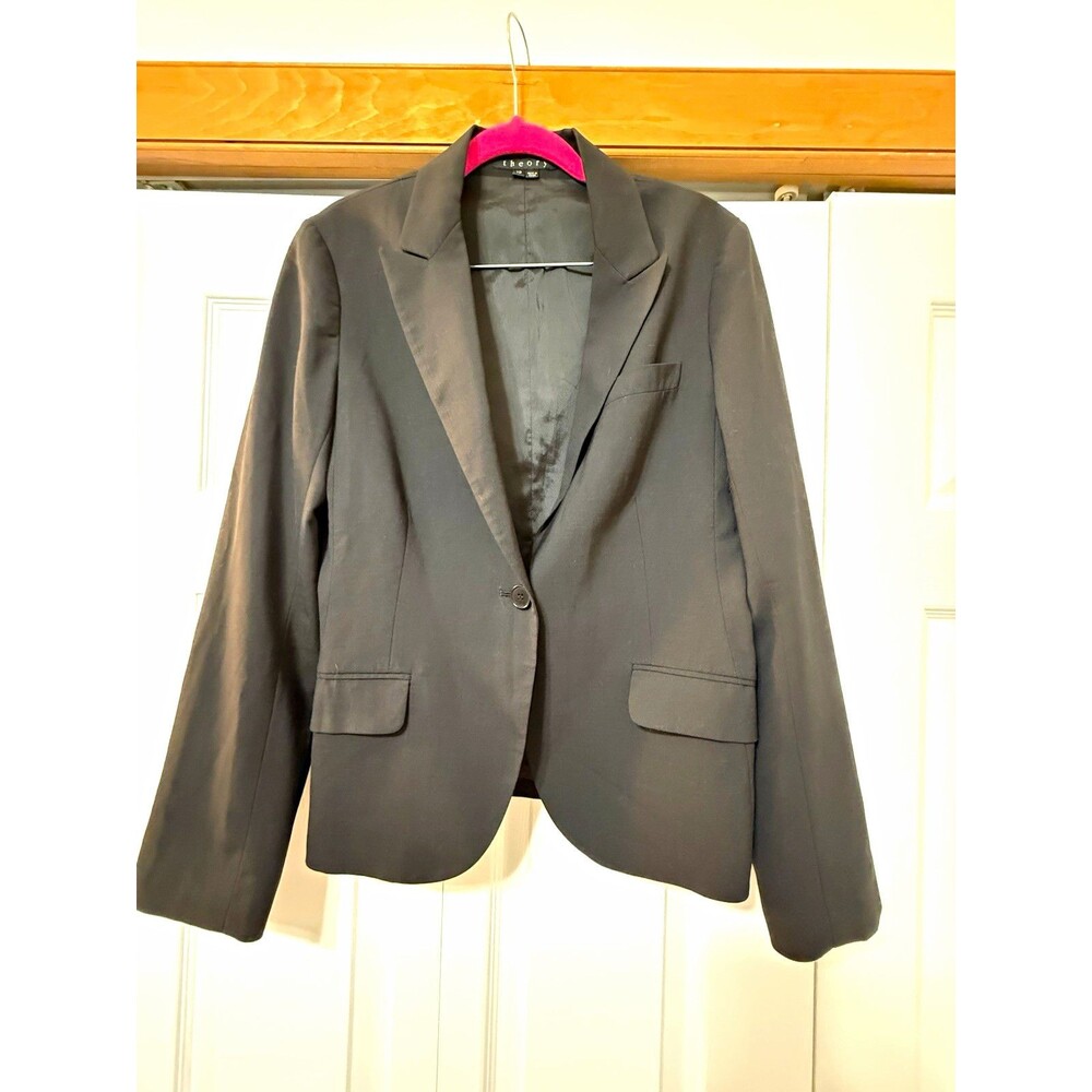Theory Black Wool Blend Twill Blazer Jacket One Button Lined Pockets Size 12